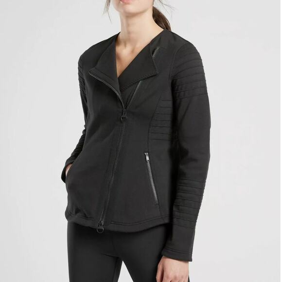 Athleta Black Moto Jacket XS Side Zip Athletic Athleisure Fitted Flattering - Picture 1 of 10